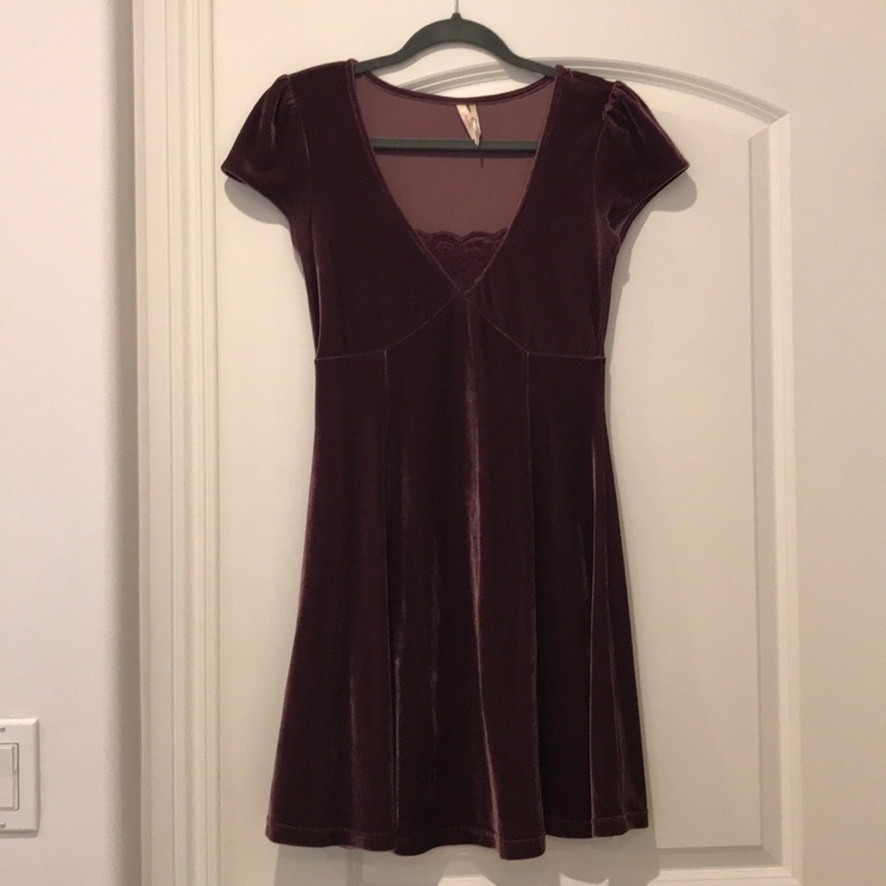 Velvet Plum Colored Skater Dress w/ Lace Detail